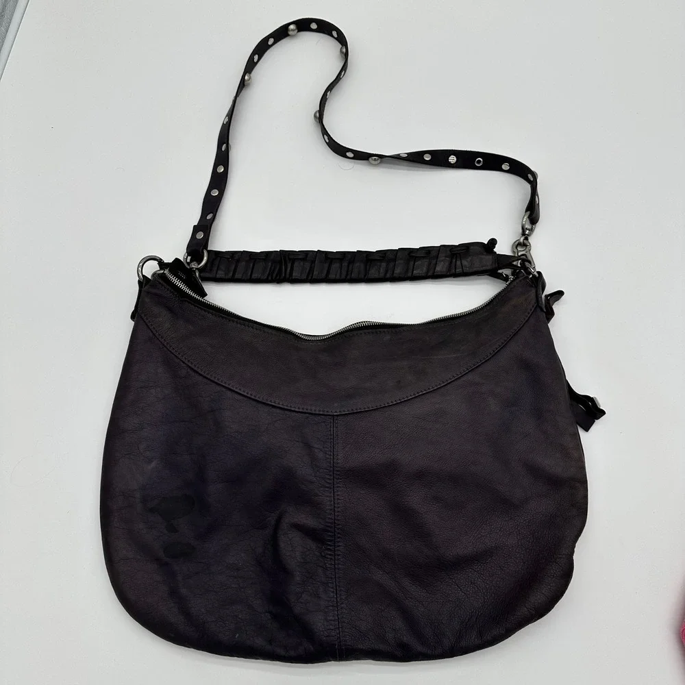 Carla Mancini Purple Leather Studded Fringe Hobo Shoulder Bag Silver‎ Hardware